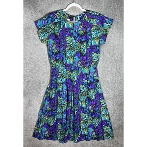 Vintage Luci Fellini Midi Dress Womens Sz 12 Floral‎ Leaf Rayon Short Sleeve USA